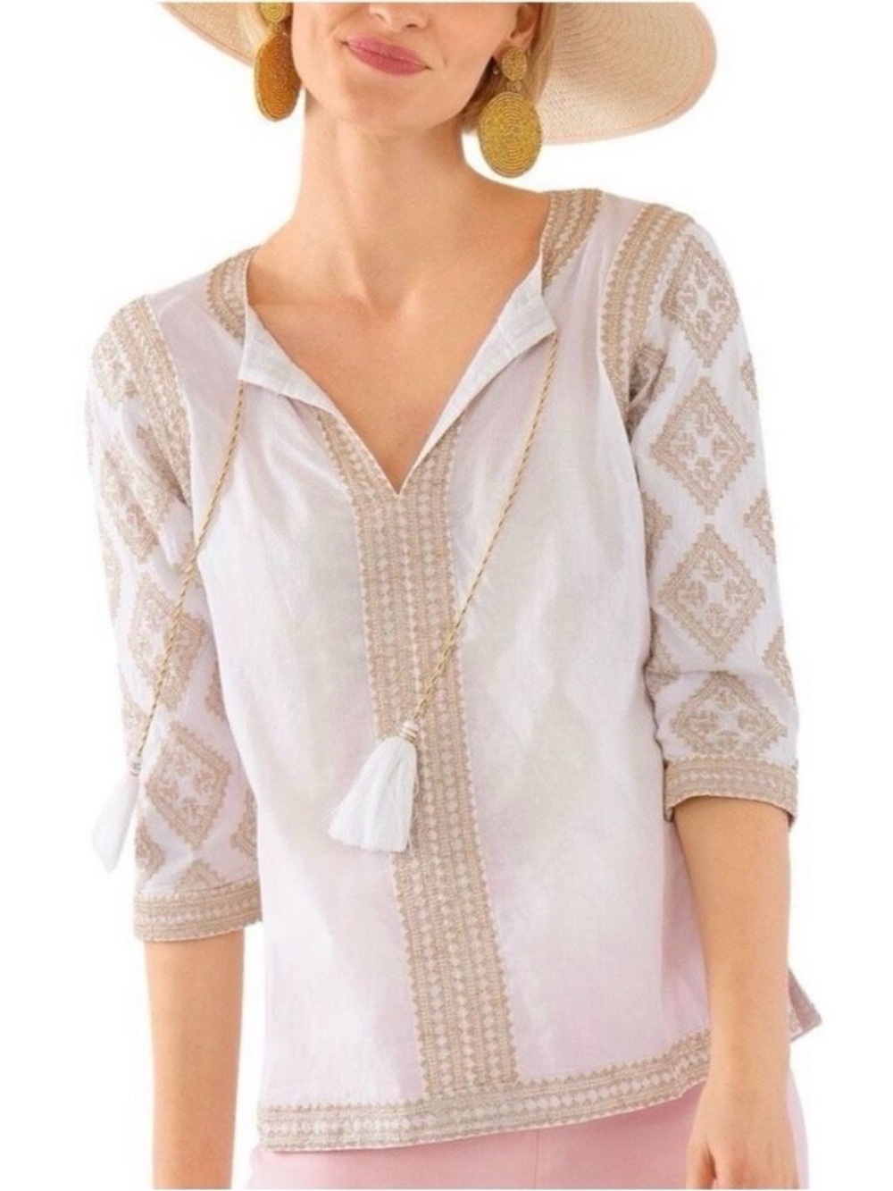 Gretchen Scott Designs White Tunic with Beige Embroidered Trim